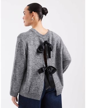 Noisy May Bow Detail Knitted Sweater - Gray