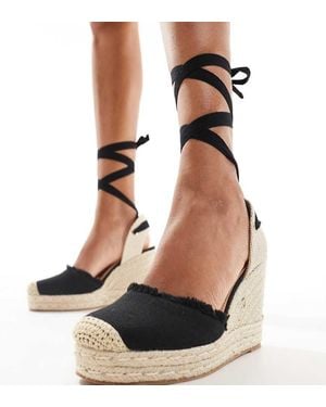 Truffle Collection Wide Fit Jute Wedge Strappy Espadrille - Black