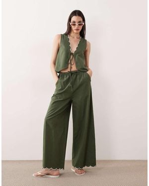 esmé studios Tie Front Beach Trousers With Cream Scallop Trim - Green