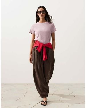 Oysho 100% Linen Pleated Balloon Trousers - Red