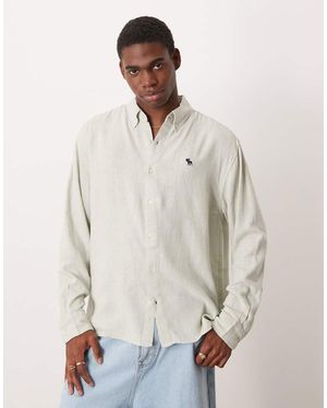 Abercrombie & Fitch Overhemd Van Linnenmix Met Lange Mouwen En Icoonlogo - Naturel