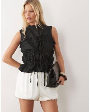 Ghospell Amina High Neck Sleeveless Drawstring Top - Black