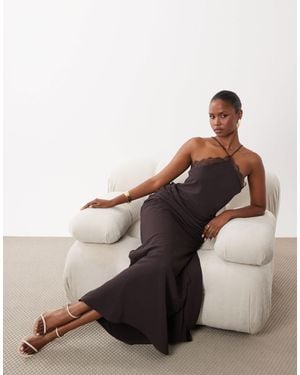 ASOS Lace Trim Halter Neck Midaxi Dress With Draped Front - Brown