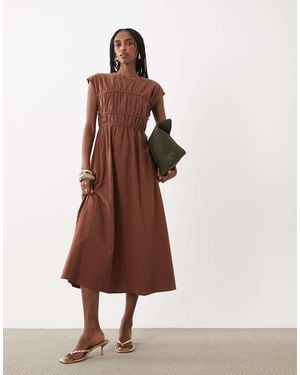 Vila Ruched Piping Detail Woven Maxi Dress - Brown