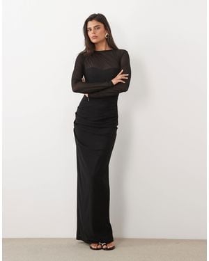 TFNC London Plus Mesh Overlay Jersey Long Sleeve Maxi Dress - Black