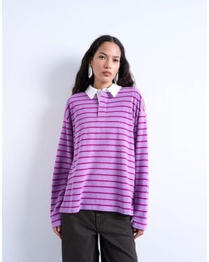 TOPSHOP Towelling Stripe Oversized Long Sleeve Polo - Purple