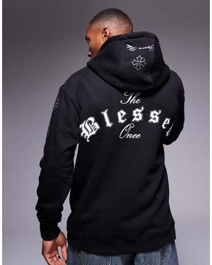 Liquor N Poker Rhinestone Embellished Hoodie With Motif Back - Blue