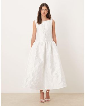 Sister Jane Vestido De Novia Largo Blanco Con Botones De Perlas, Cuello Barco Y Patrón De Jacquard Exclusivo Dream De