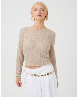 Brave Soul Textured Mesh Long Sleeve Top - Natural