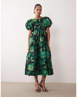 Sister Jane Jacquard Midi-Jurk Met Pofmouwen En Diamantvormige Uitsparing Op De Rug - Groen