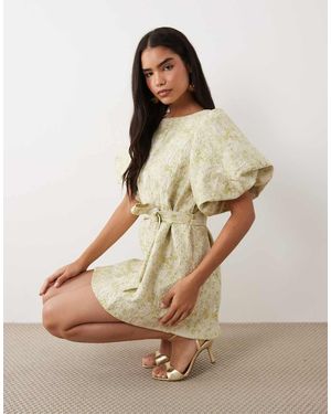 Vila Short Sleeve Tapestry Floral Jacquard Mini Dress - Natural
