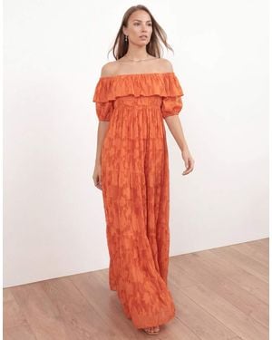 ANAYA Floral Burnout Bardot Tiered Maxi Dress - Orange