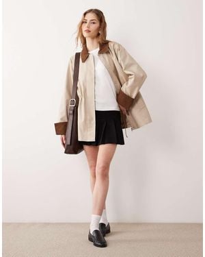 Y.A.S Corduroy Trim Twill Barn Jacket - Natural