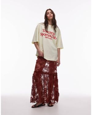 TOPSHOP Ruffle Seam Sheer Lace Maxi Skirt - Red