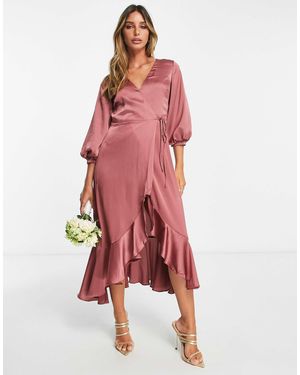 Liquorish Bridesmaid Satin Wrap Midi Dress With Puff Sleeve - Pink