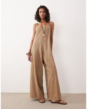ASOS Soft Denim Jumpsuit With Wide Leg - Natural