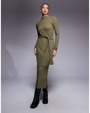 ASOS Ribbed Long Sleeve High Neck Tie Front Midi Dress - Multicolor