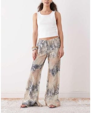 Monki Crinkle Wide Leg Trousers - Natural