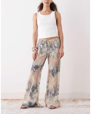 Monki Crinkle Wide Leg Trousers - Natural