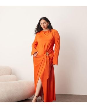 ARRANGE Curve Long Sleeve Drape Maxi Dress With Molten Metal Trim - Orange
