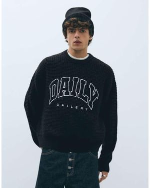 Bershka Embroidered Waffle-Knit Jumper - Blue