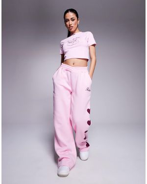 Kaiia Wide Leg Asymmetric Waistband Heart Detail jogger Co-ord - Pink