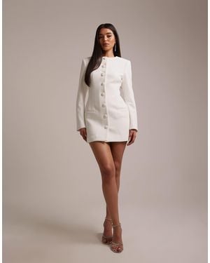 Wanderdoll Pippa Bridal Tailored Button Down Shoulder Pad Detailing Mini Dress - Natural