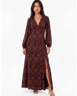 ANAYA Floral Burnout Long Sleeve Ruffle Maxi Dress - Red