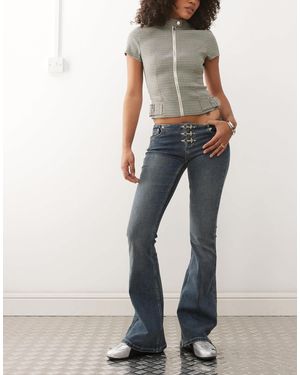 The Ragged Priest Low Rise Buckle Detail Flare Jean - Blue