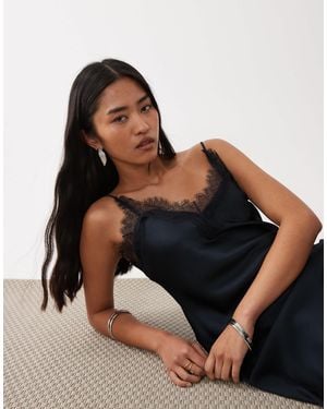 Mango Satin Dress With Relief Lace in Blue | Lyst