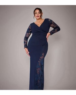 Goddiva Plus Long Sleeve Lace Detail Maxi Dress - Blue