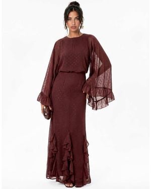 ANAYA Meatllic Thread Oversized Ruffle Sleeve Maxi Dress - Red