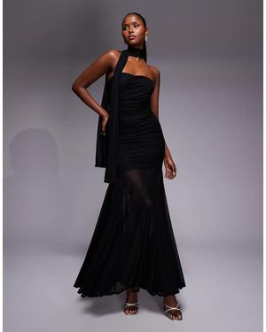 TFNC London Bandeau Maxi Dress With Full Sheer Skirt And Scarf Detail - Black