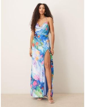 Hope & Ivy Satin Cross Back Cami Maxi Dress With - Blue