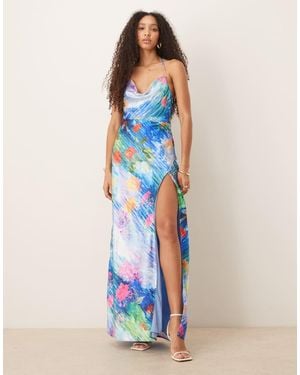 Hope & Ivy Satin Cross Back Cami Maxi Dress With - Blue