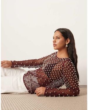 ARRANGE Embellished Mesh Long Sleeve Top - Brown