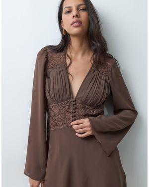 Abercrombie & Fitch Long Sleeve V Neck Mini Dress With Lace Panel - Brown