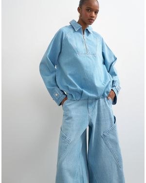 TOPSHOP Denim Collared Quarter Zip Blouson Jacket - Blue