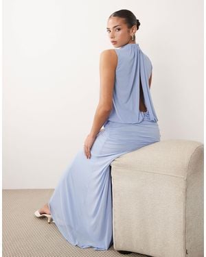 ASOS Mesh Blouson Maxi Dress With Ruched Dropped Waist Skirt - Blue