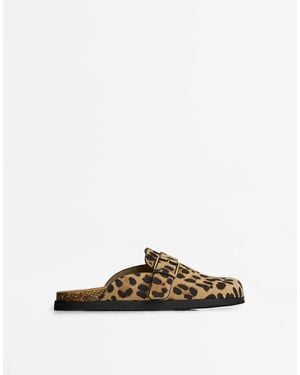 Bershka Animal Print Clogs With Buckle - Brown