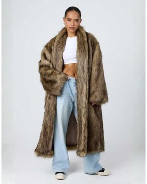 Aria Cove Faux Fur Collarless Oversized Longline Coat - Brown