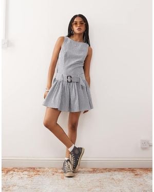 Collusion Drop Waist Textured Mini Dress With Belt - White