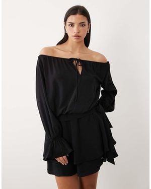 Gina Tricot Off The Shoulder Long Sleeve Frill Mini Dress - Black