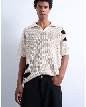 TOPMAN Relaxed Crochet Revere Polo With Floral Embroidery On Body And Sleeve - White