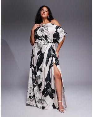 ASOS Asos Design Curve Exclusive Satin Fallen Shoulder Side Split Maxi Dress - Gray