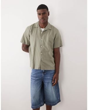 SELECTED Linen Blend Short Sleeve Shirt - Brown