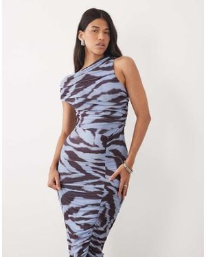 ASOS Mesh Asymmetric Neck Off Shoulder Ruched Maxi Dress - Blue