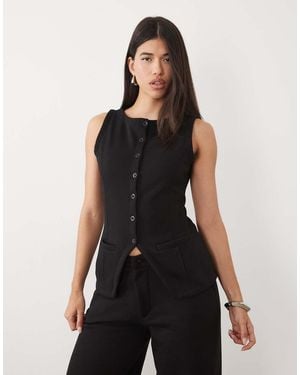 Kaiia Cotton Rich Sleeveless Button Front Split Front Sweat Waistcoat Top Co-ord - Black
