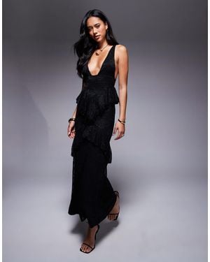ASOS Robe volantée longue en dentelle avec décolleté plongeant - Noir