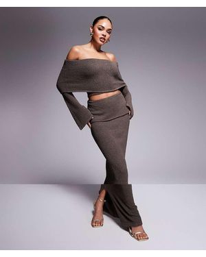 Wanderdoll Yasmin Boucle Knit Extreme Foldover Top And Maxi Skirt Set - Brown